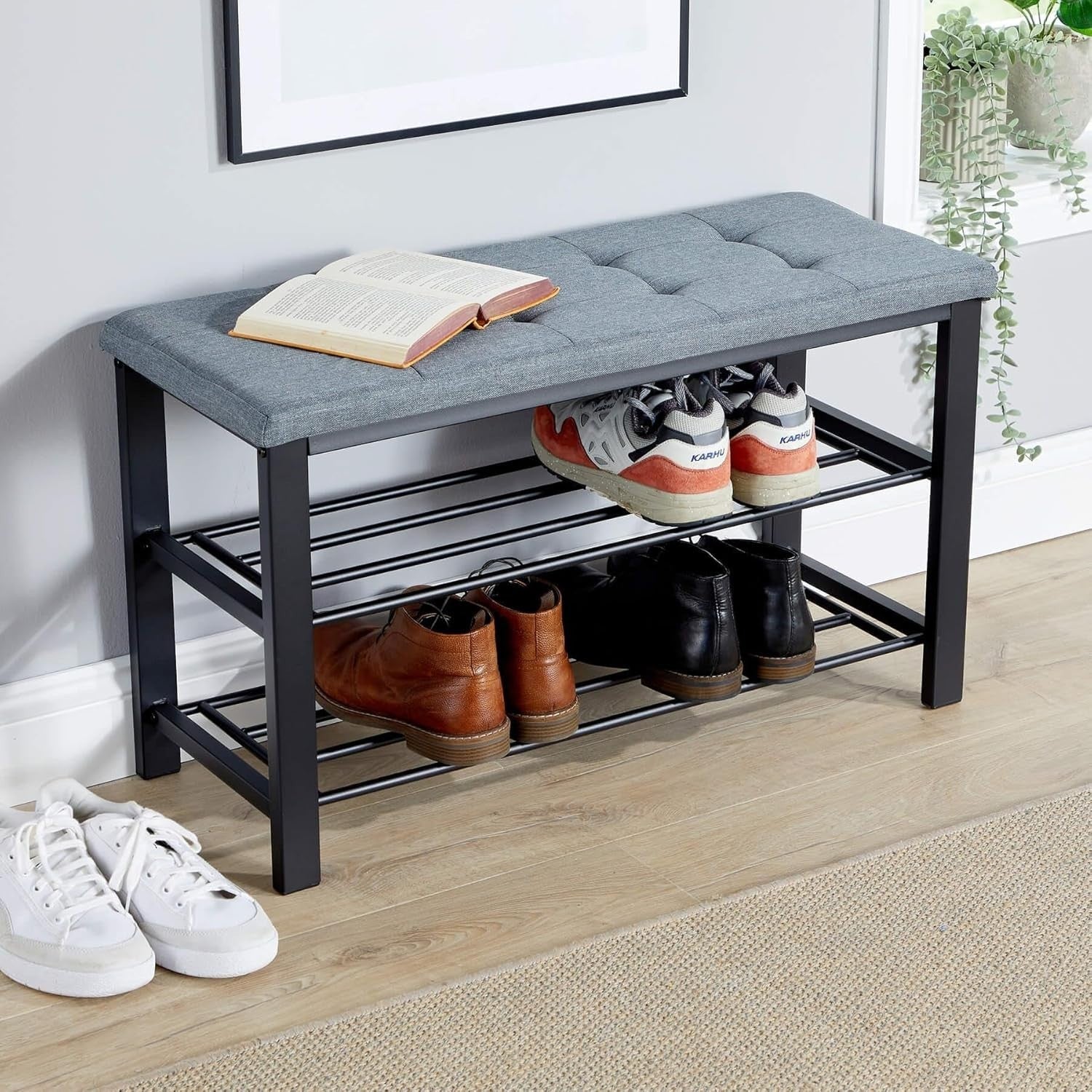 Grey Shoe Storage Bench with Linen Cushion & 2 Shelves – Metal Hallway Unit