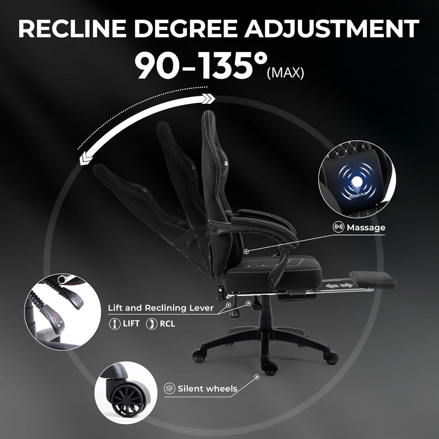 Massage Gaming Chair Fabric Recliner w/ Footrest 150kg Black