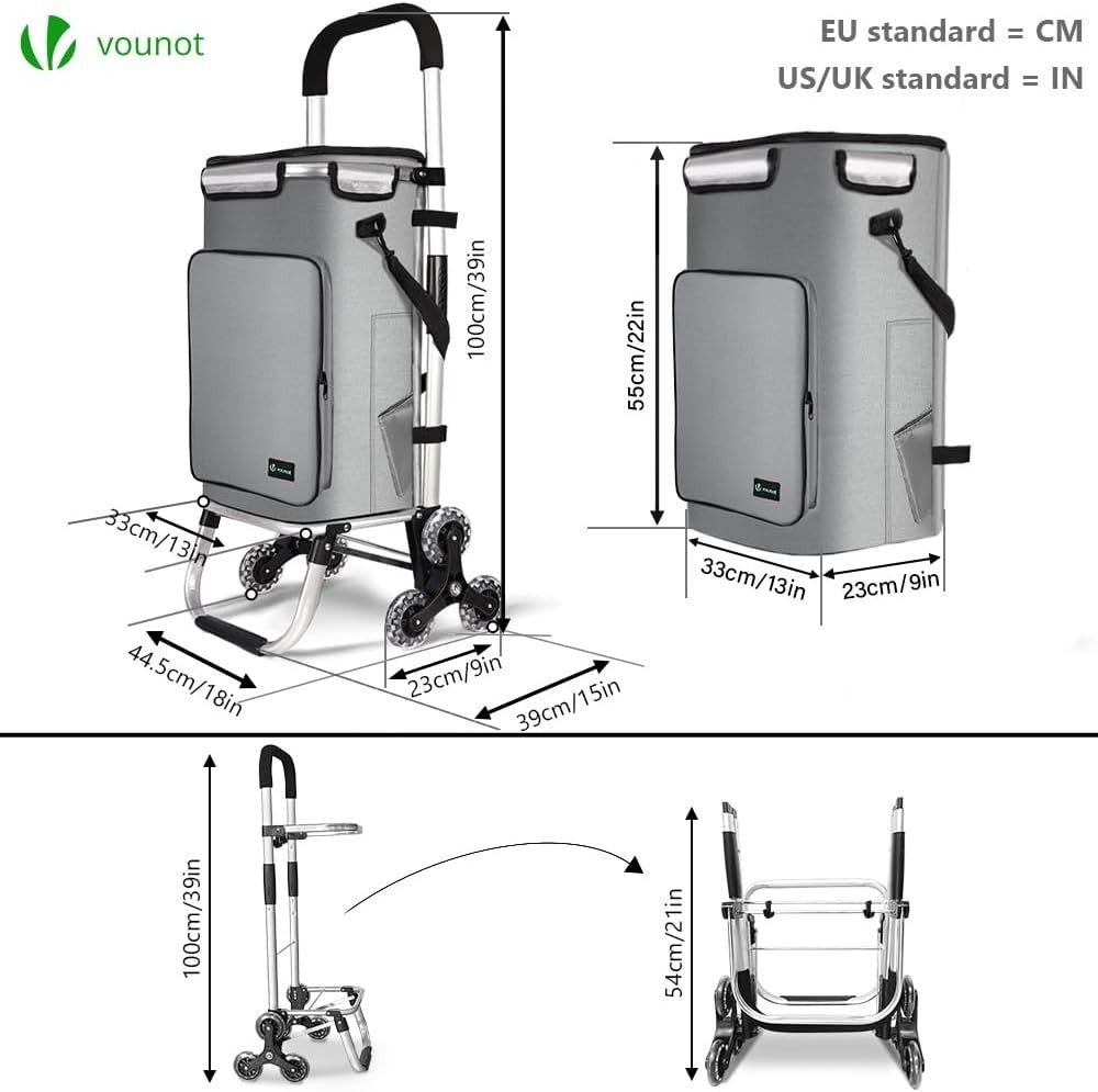 60L Folding 6-Wheel Grocery Cart Grey Stair Climbing Shopping Trolley
