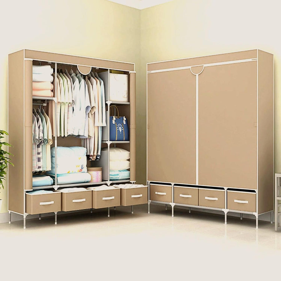 Canvas Wardrobe Storage with Drawers, Hanging Rail & Shelves – Durable, Space