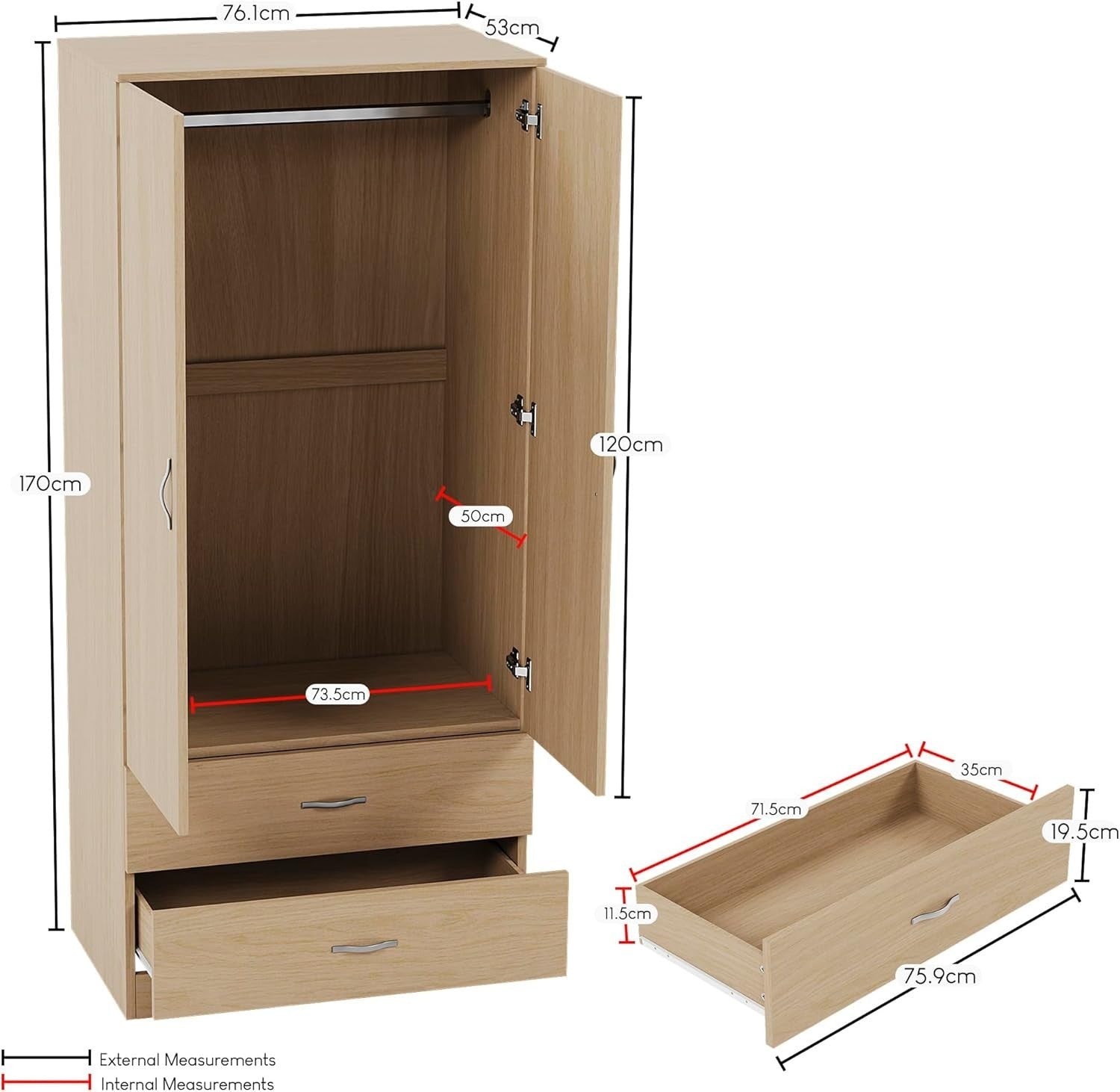 2 Door Wardrobe with Drawers & Rail, Pine Bedroom Storage Unit Tall