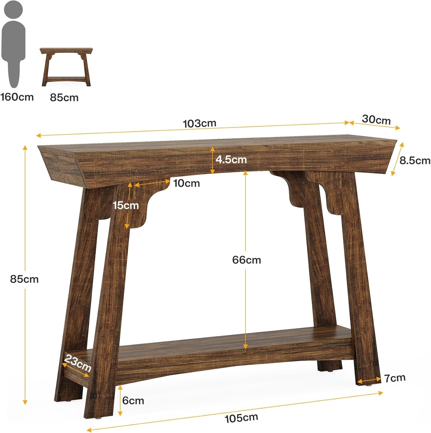 Rustic Brown Console Table 2-Tier Storage Narrow Entryway Shelf