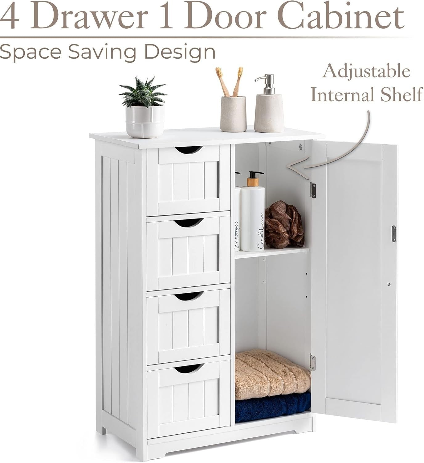 Bathroom Cabinet White Storage Unit with Drawers & Door – Slim Floor Cupboard