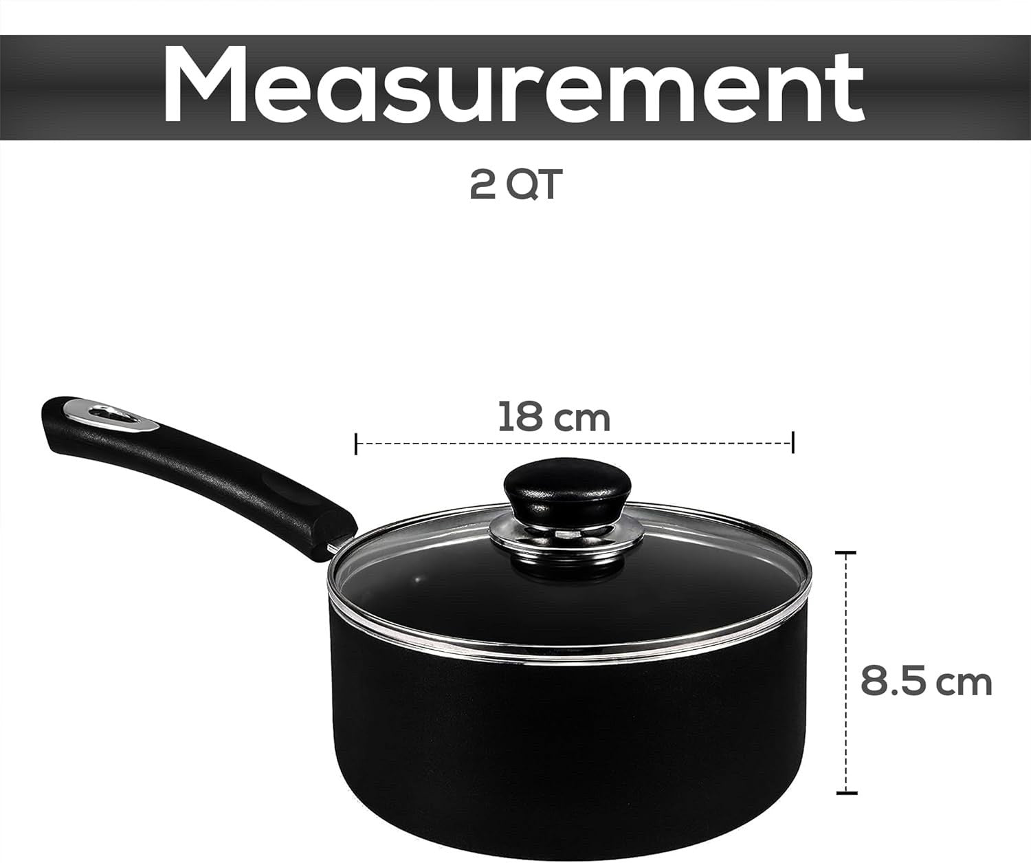 18cm Black Non-Stick Saucepan with Glass Lid, 2L Induction Milk Pan