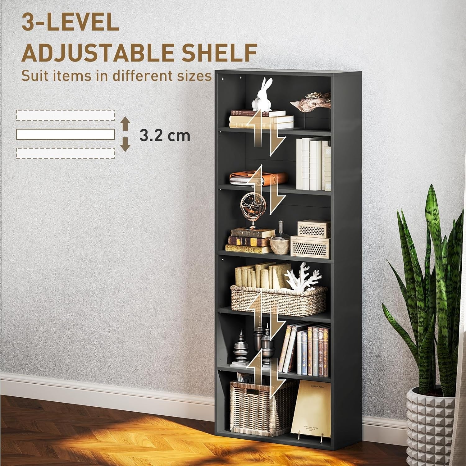 Black 6-Tier Tall Bookcase Adjustable Shelves Modern Narrow Storage Unit
