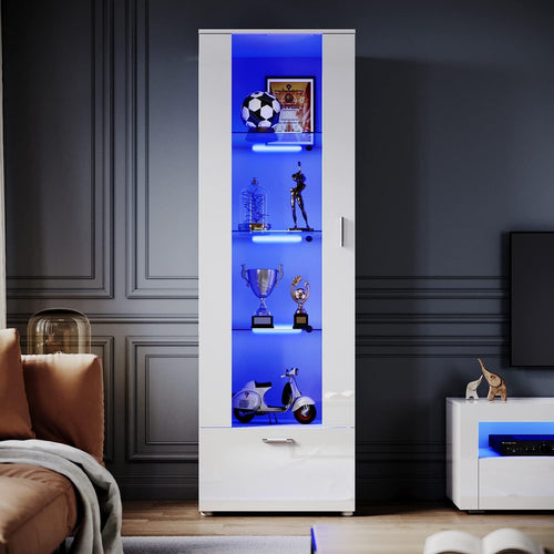 Tall LED Display Cabinet with Glass Shelves, High Gloss Storage Unit White