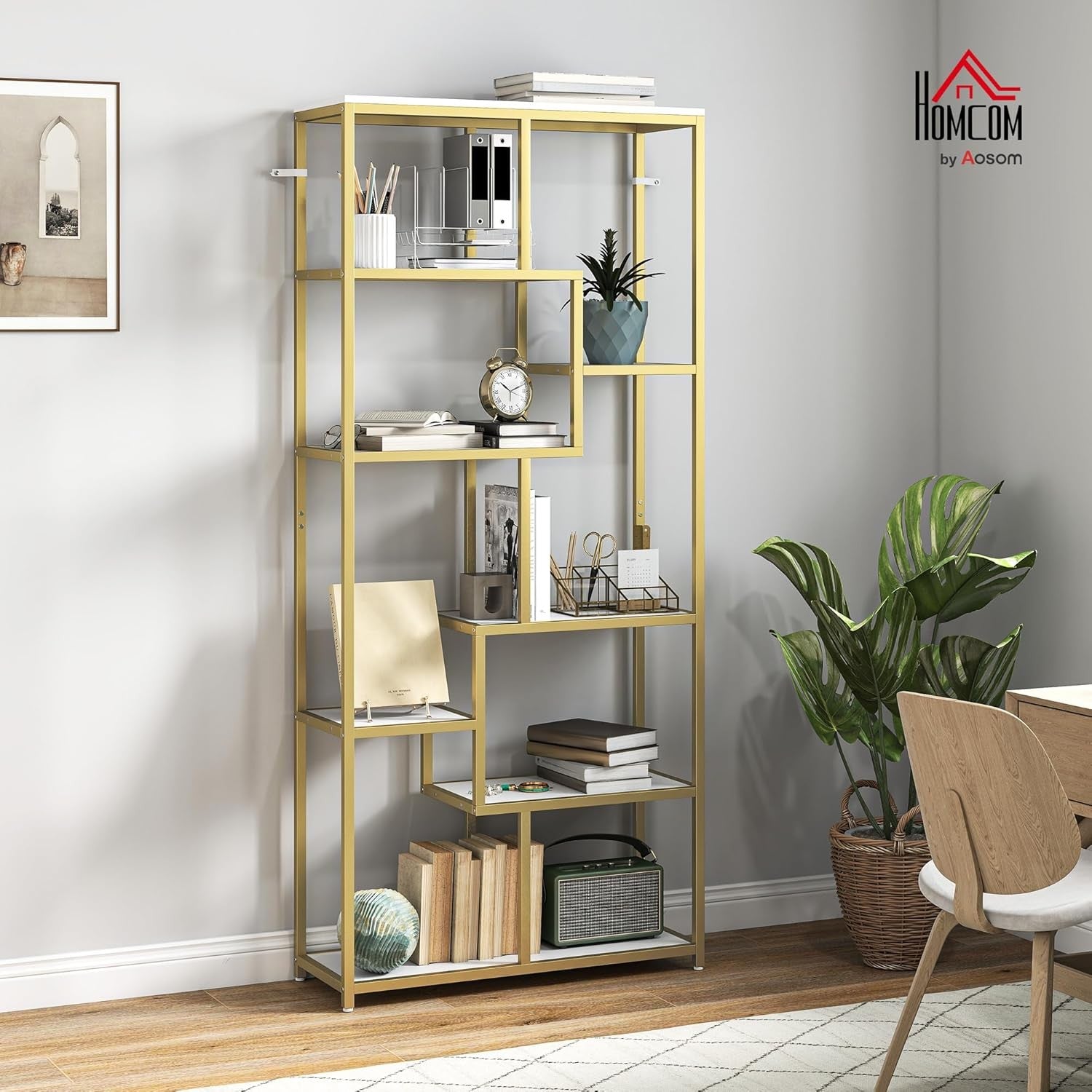 7-Tier Gold Geometric Bookcase | Modern Display Shelf Unit for Living Room & Off