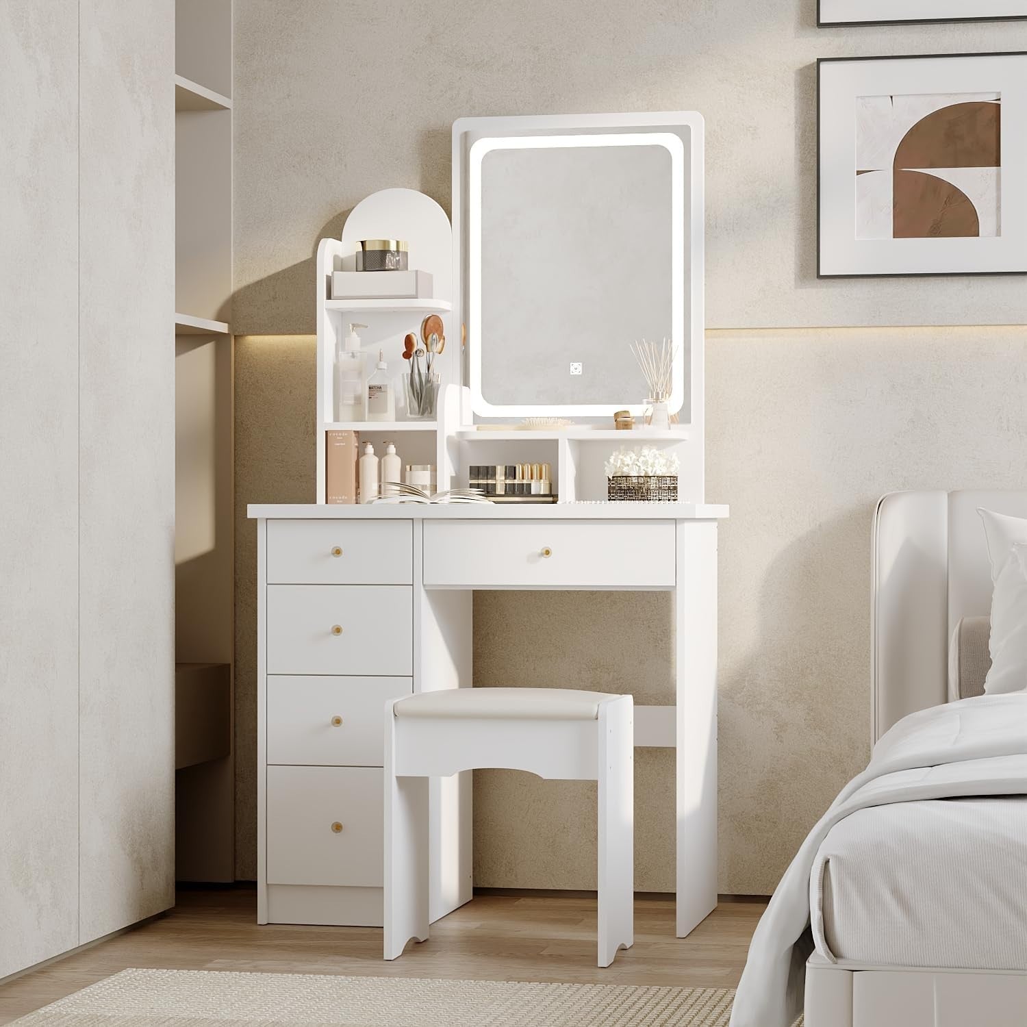 White Dressing Table Vanity Set with 3-Color LED Lights Mirror 5 Drawers & Stool