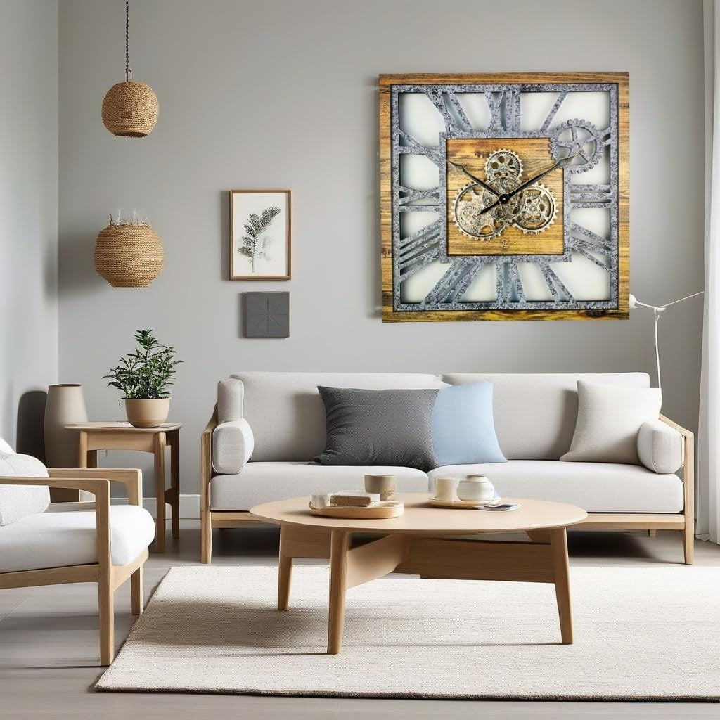 Oversized 24" Gear Wall Clock Square Wood & Stone Rustic Industrial Decor