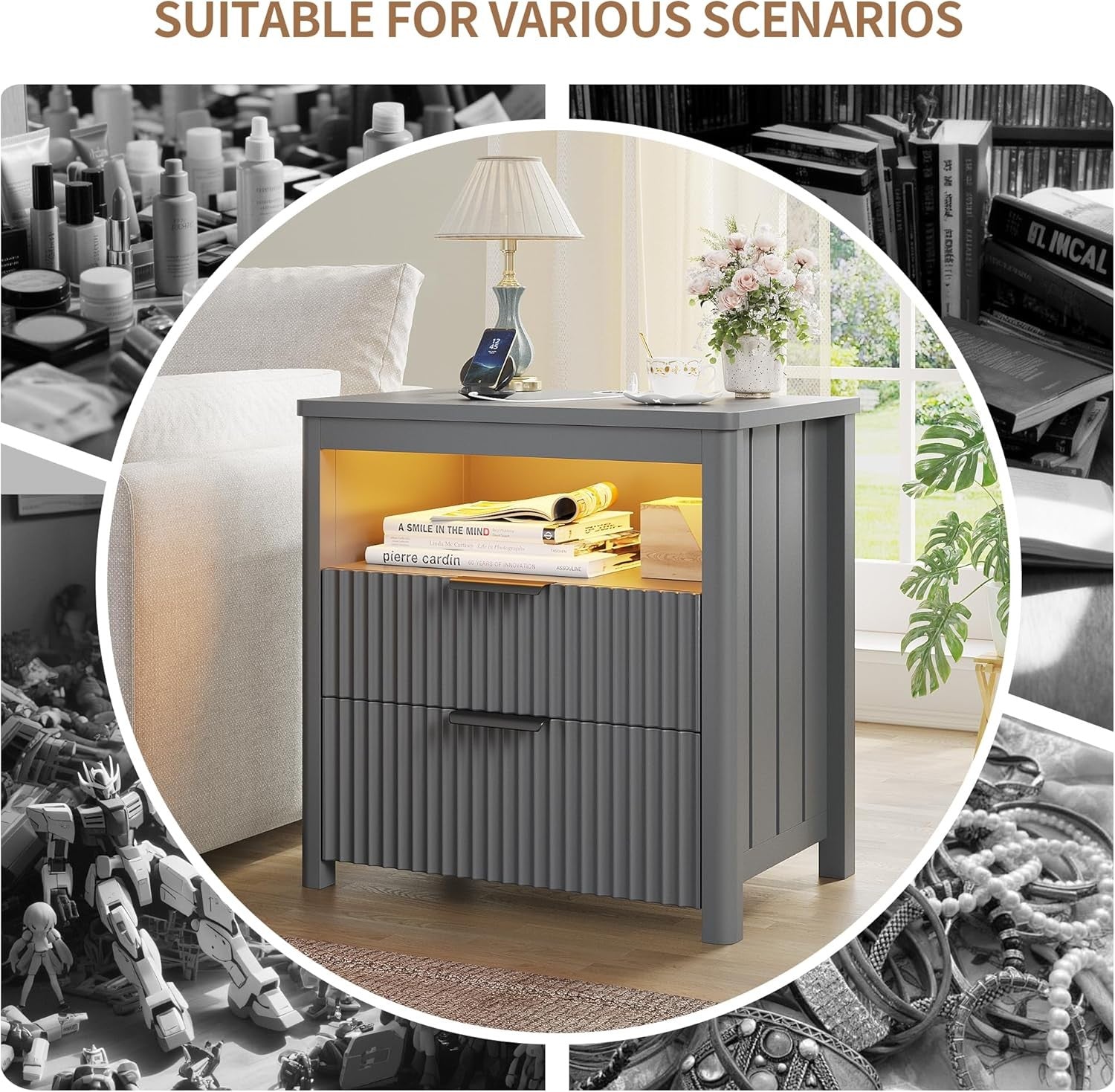 Set of 2 Grey 24" Bedside Tables with Charging Station, LED Light & 3 Drawers