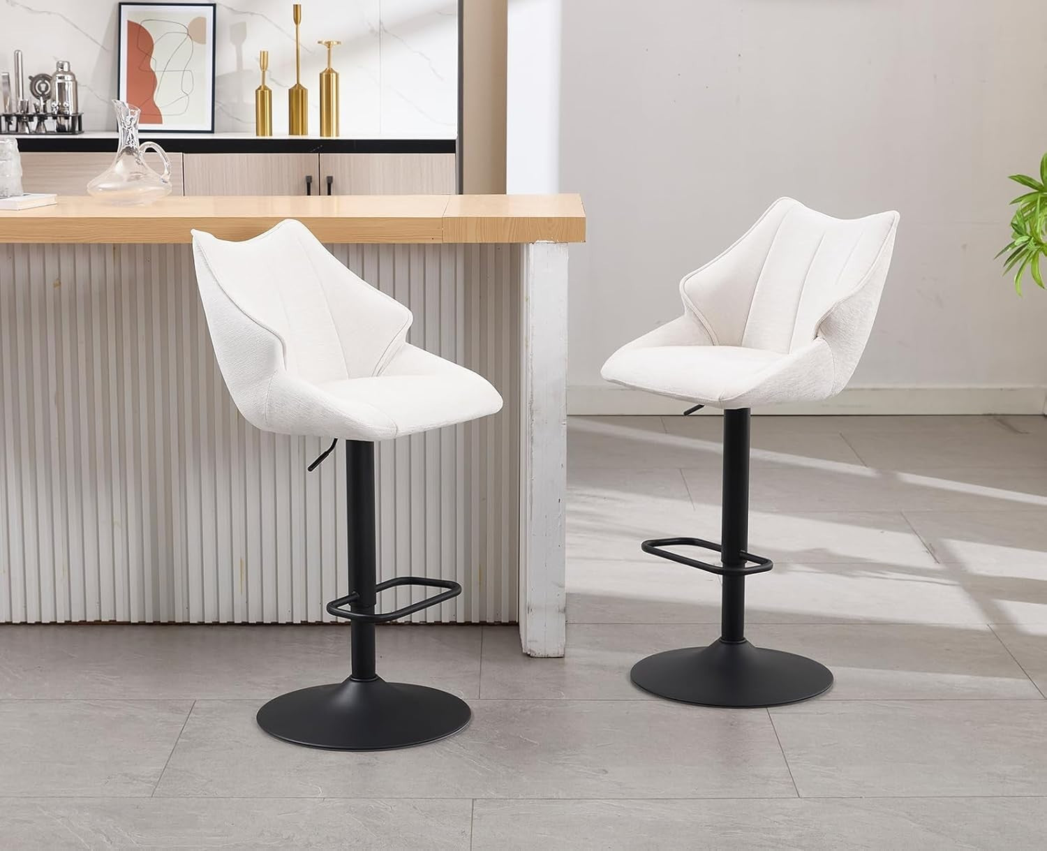 White Chenille Bar Stool Set of 2 Adjustable Swivel Kitchen Counter Chairs