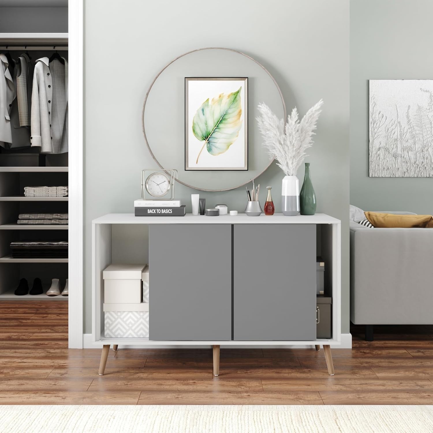 Modern 3 Door Sideboard Cabinet Grey White Storage Cupboard Pine Legs