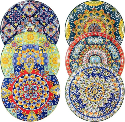 10.5 Inch Colourful Ceramic Dinner Plates Set of 6 Large Bohemian Plates