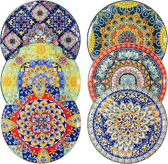 10.5 Inch Colourful Ceramic Dinner Plates Set of 6 Large Bohemian Plates