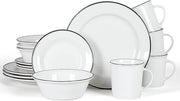 16pc Porcelain Dinnerware Set White Black Rim Plates Bowls Mugs Dishwasher Safe