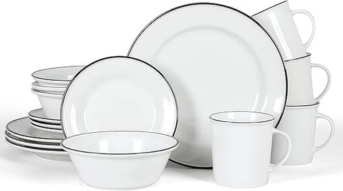 16pc Porcelain Dinnerware Set White Black Rim Plates Bowls Mugs Dishwasher Safe