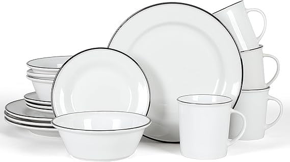 16pc Porcelain Dinnerware Set White Black Rim Plates Bowls Mugs Dishwasher Safe