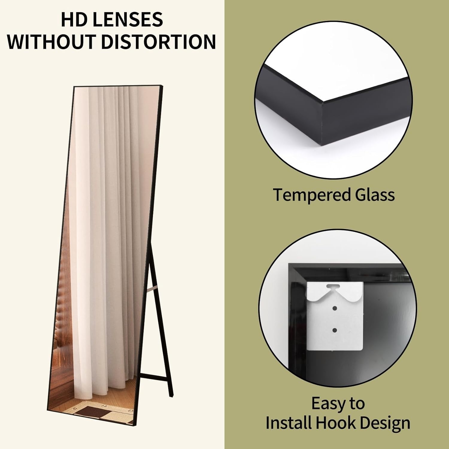 Full-Length Standing Mirror 140x41 cm Black Frame Floor or Wall Mount