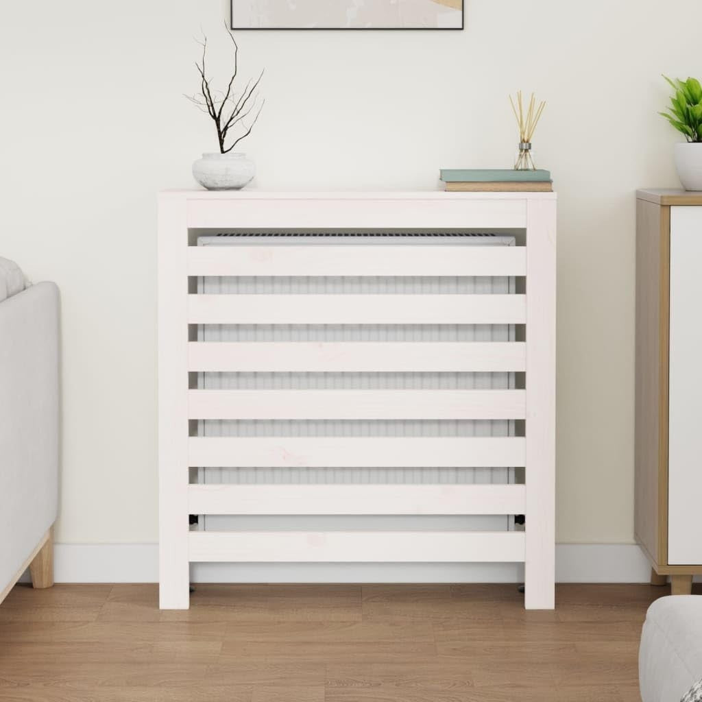 White Radiator Cover Solid Pine Wood Slatted Shelf 79.5x19x84cm