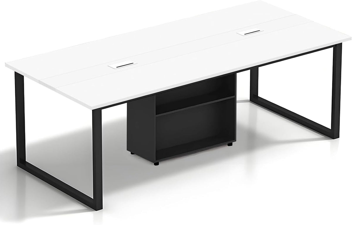 Expandable White Conference Table 6–20 Person w/ Cable Ports & Storage Shelf
