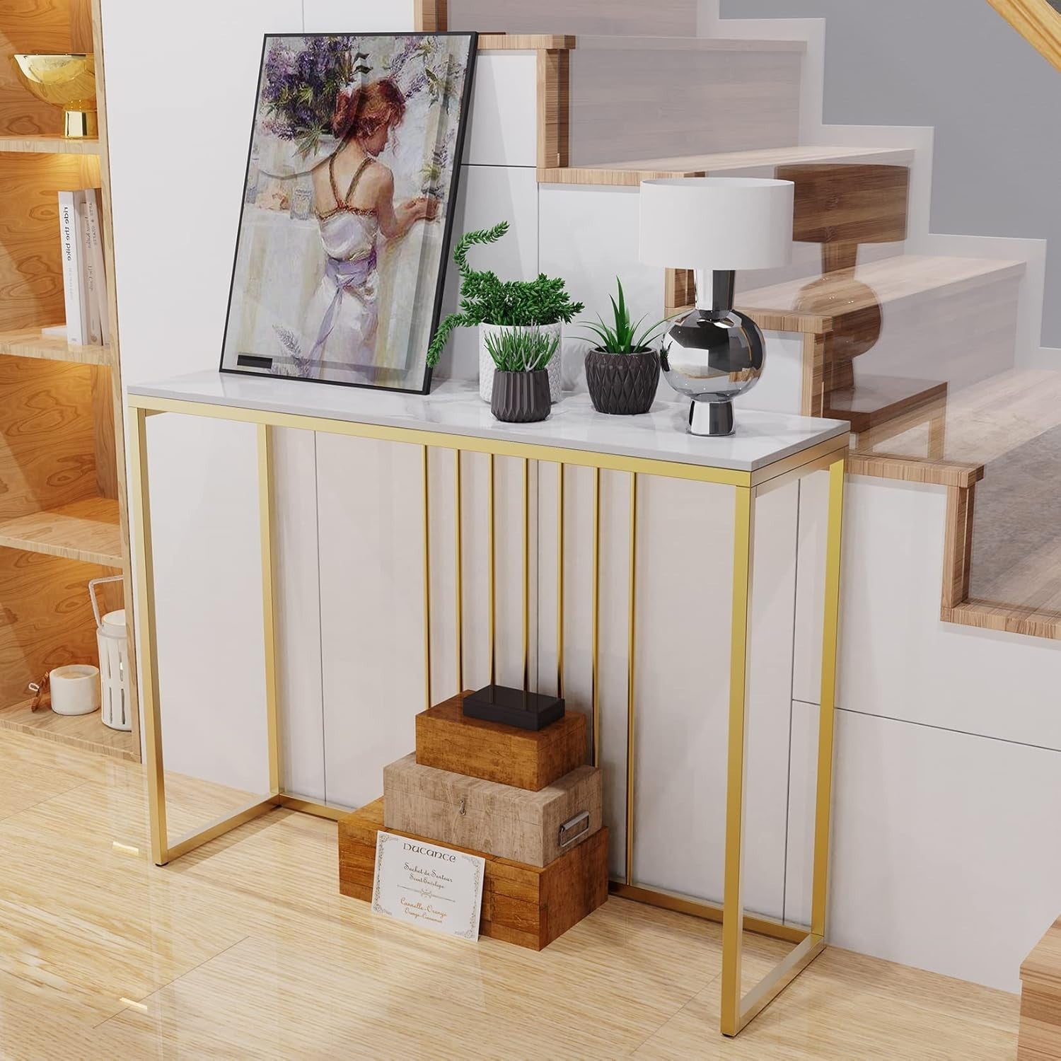 White Marble Console Table Slim 100cm – Gold Frame Entryway Desk Hall