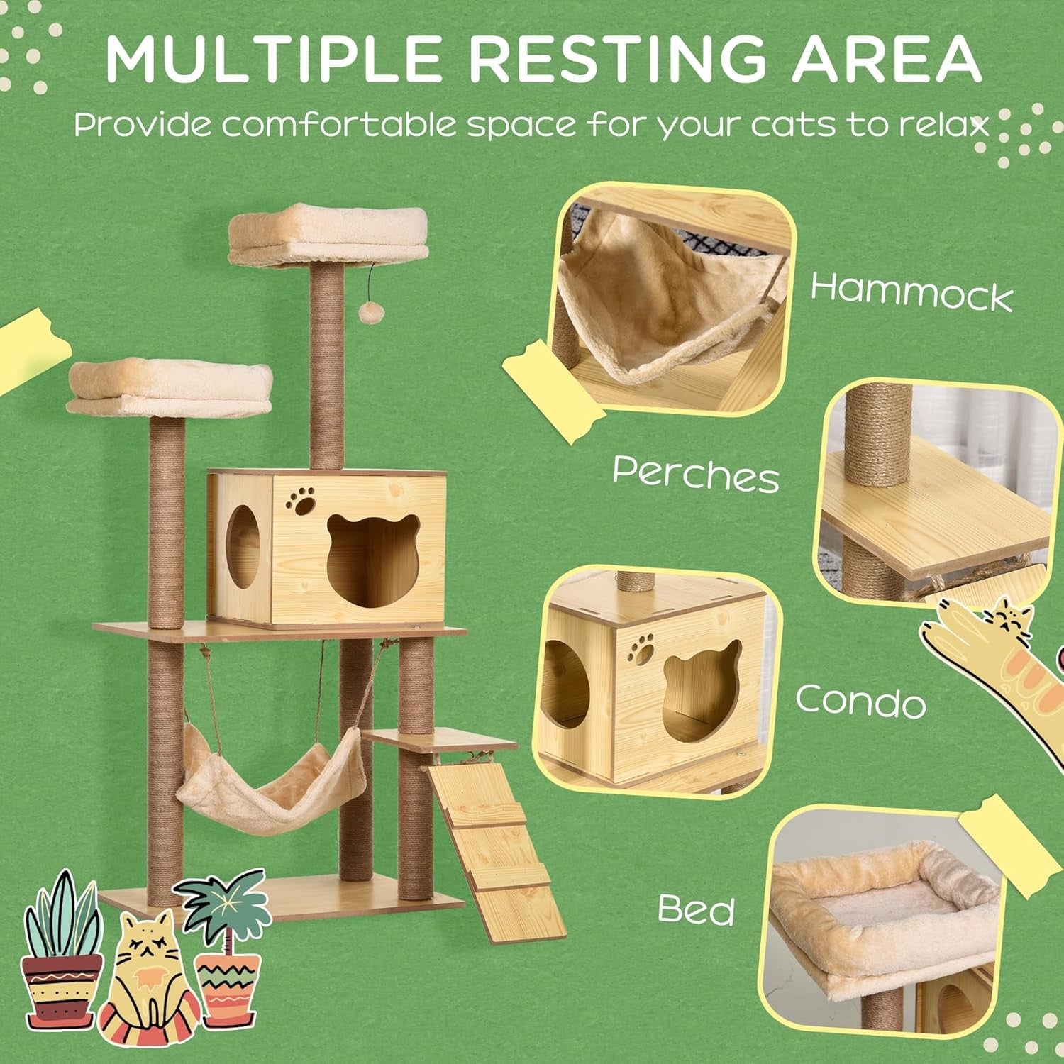 Large Cat Tree Tower 130cm Wooden Multi Level Scratching Posts Hammock Condo