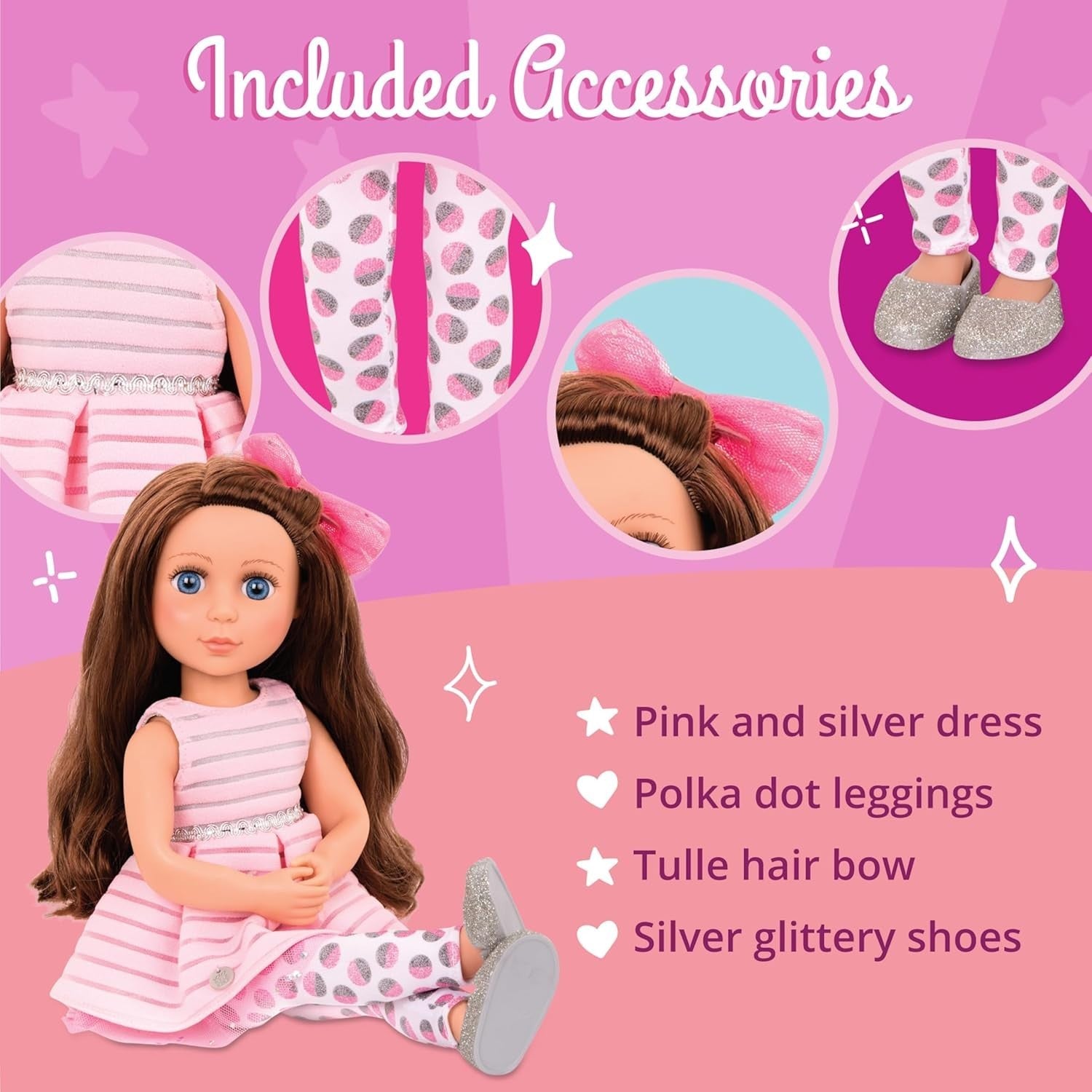 14in Poseable Fashion Doll Brown Hair Blue Eyes Pink Dress Toy