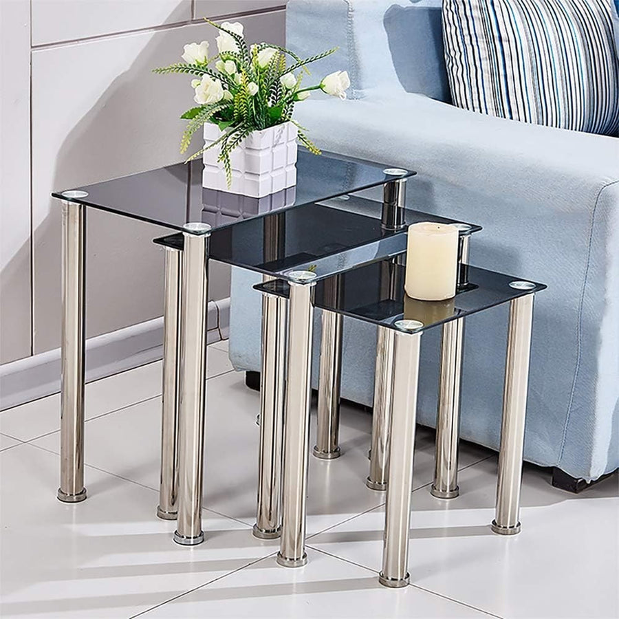 Nest of 3 Modern Coffee Table Set Rectangular Glass Top Chrome Metal Legs Black