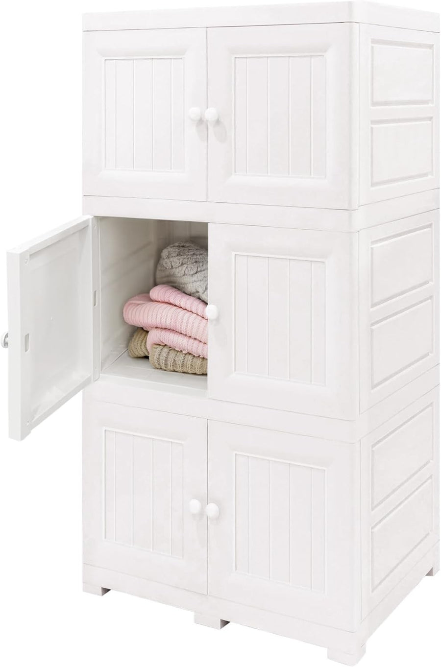 3 Tier White Storage Cabinet Cupboard Unit with Doors Multi Purpose Shelves