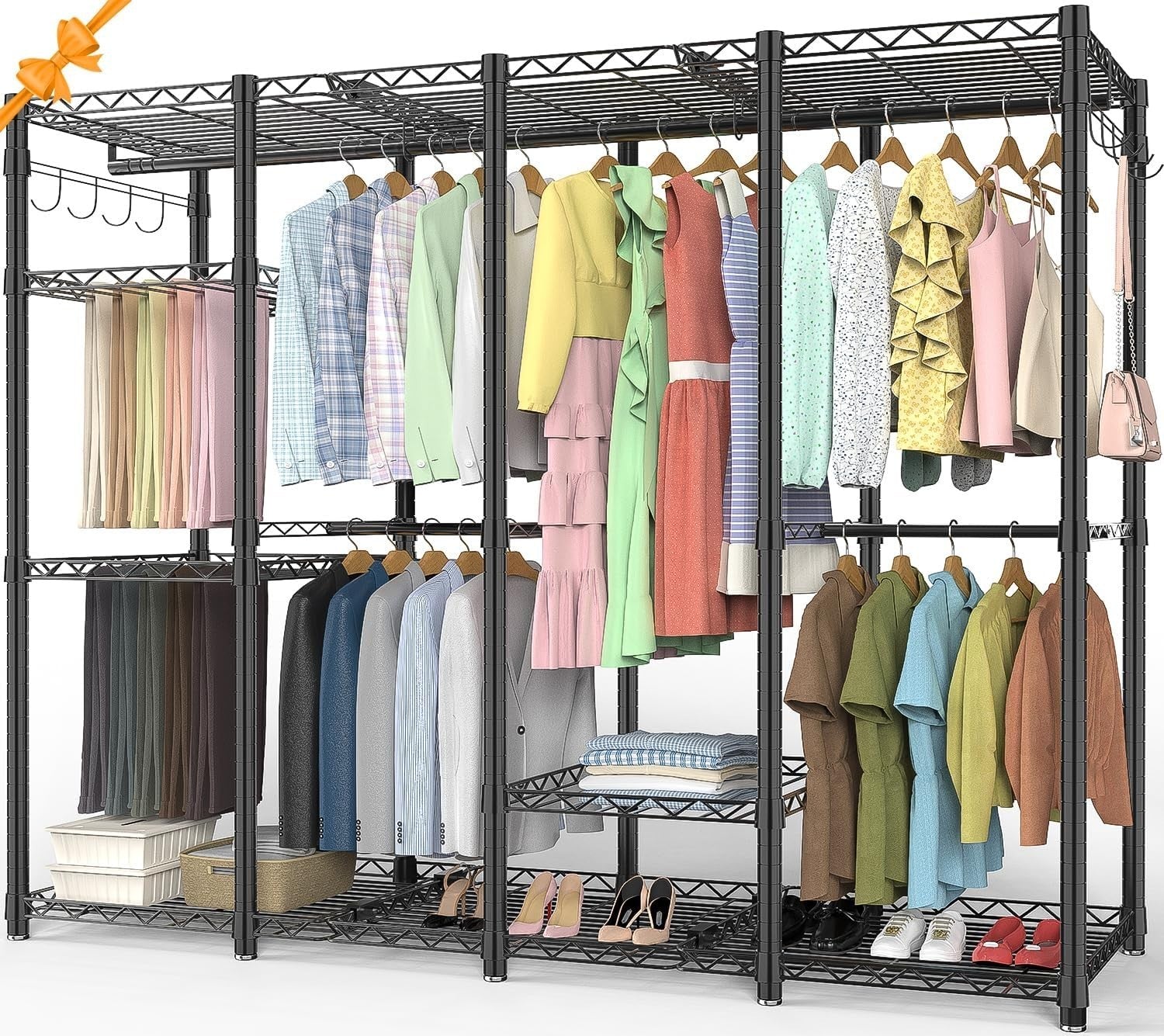 Heavy Duty 4-Layer Clothes Rail with Shelves & Pants Rack – Black