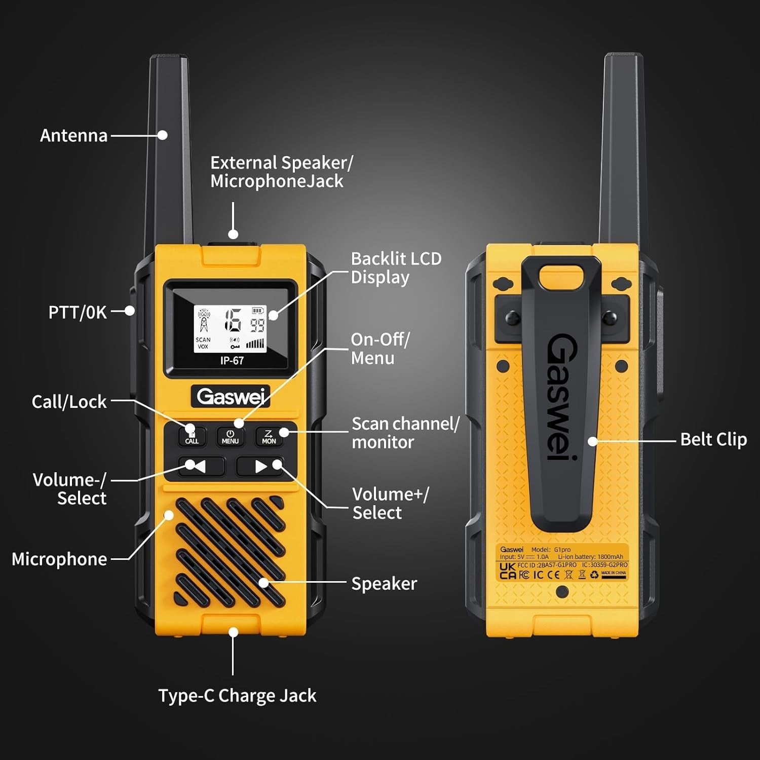 G1Pro Professional Walkie Talkies Rechargeable PMR446 VOX IP67 2 Way