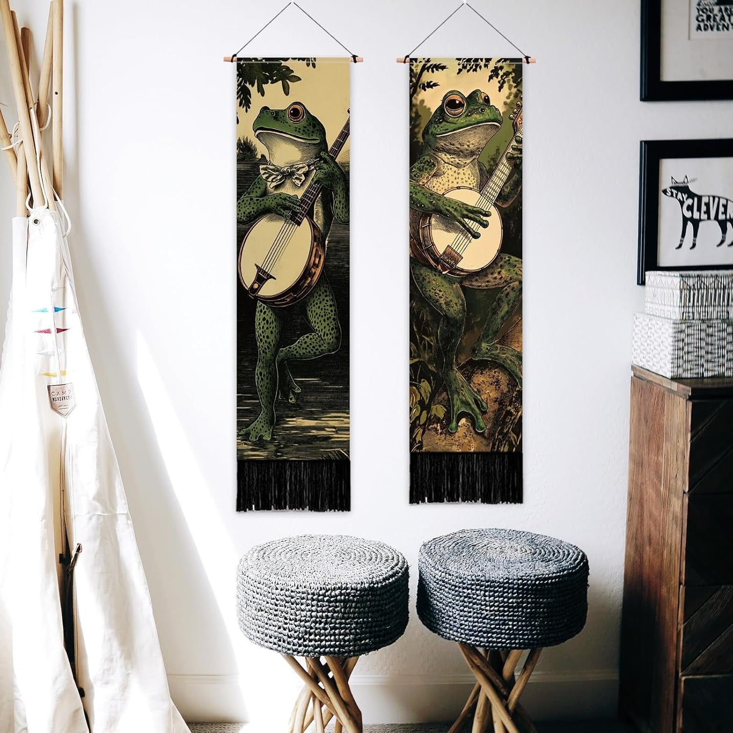 2-Pack Boho Frog Piano Tapestry 52"x13" Vertical Wall Decor