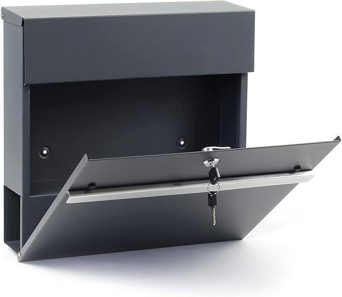 Wall Mounted Letter Box with Newspaper Holder Lockable Steel Mailbox Dark Grey