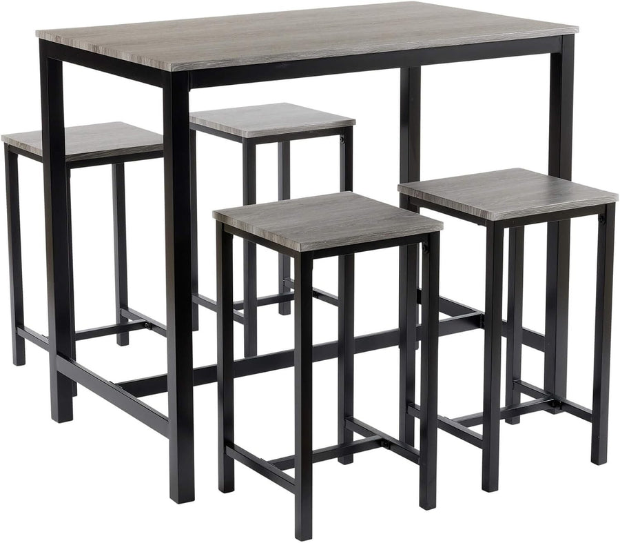 5-Piece Breakfast Bar Table Set with 4 Stools Grey Industrial Dining Furniture