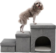 Black Folding 3 Step Dog Stairs Non Slip Plush Ladder