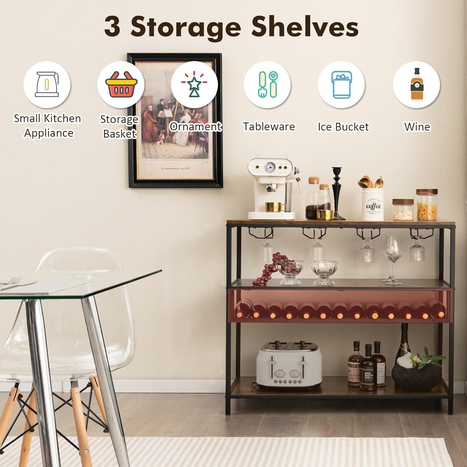 4-Tier Wine Rack Bar Table with Glass Holder, Rustic Shelving Unit 102x40x87cm