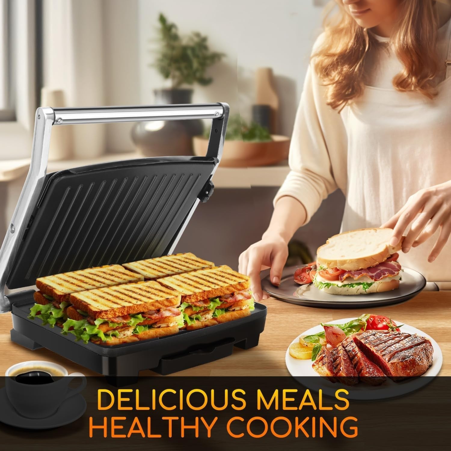 2000W Panini Press Grill Sandwich Maker Non-Stick Plates Temp Control