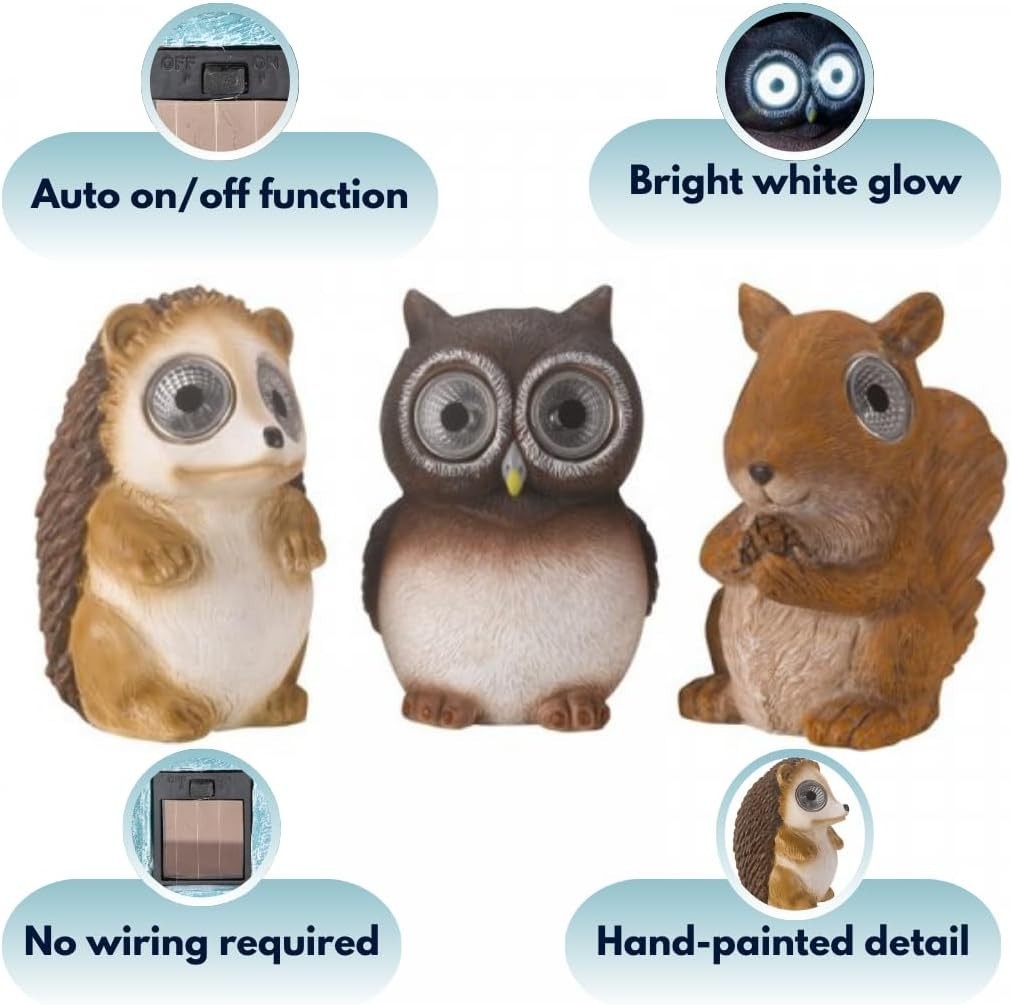 Solar Garden Animal Lights 3-Pack • Owl Hedgehog Squirrel • Outdoor