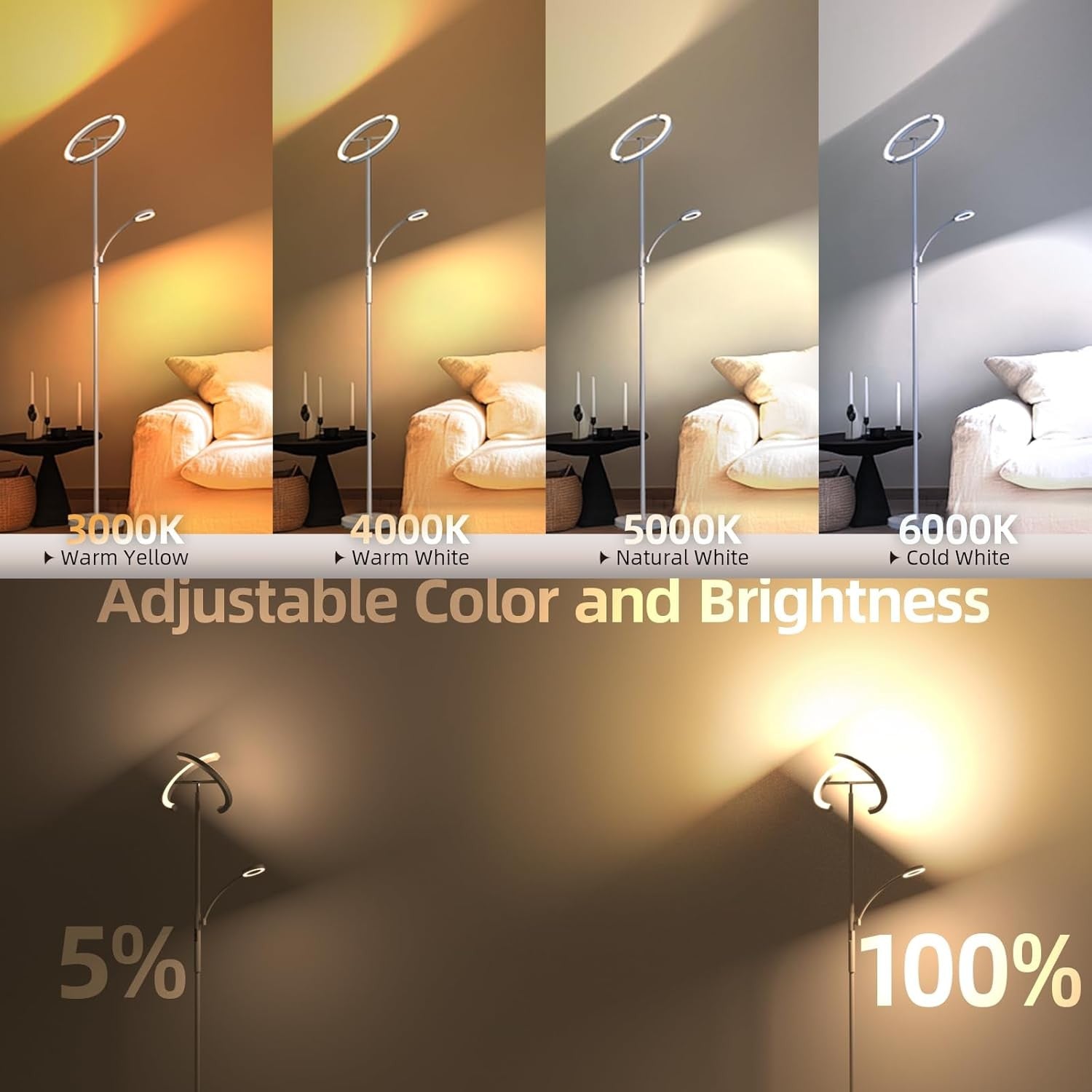 Dimmable LED Uplighter Floor Lamp with Reading Light Remote Touch Control