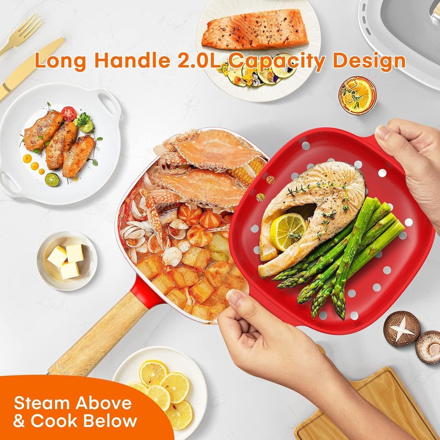 2L Electric Hot Pot Ceramic Non-Stick Multi Cooker with Steamer & Spatula
