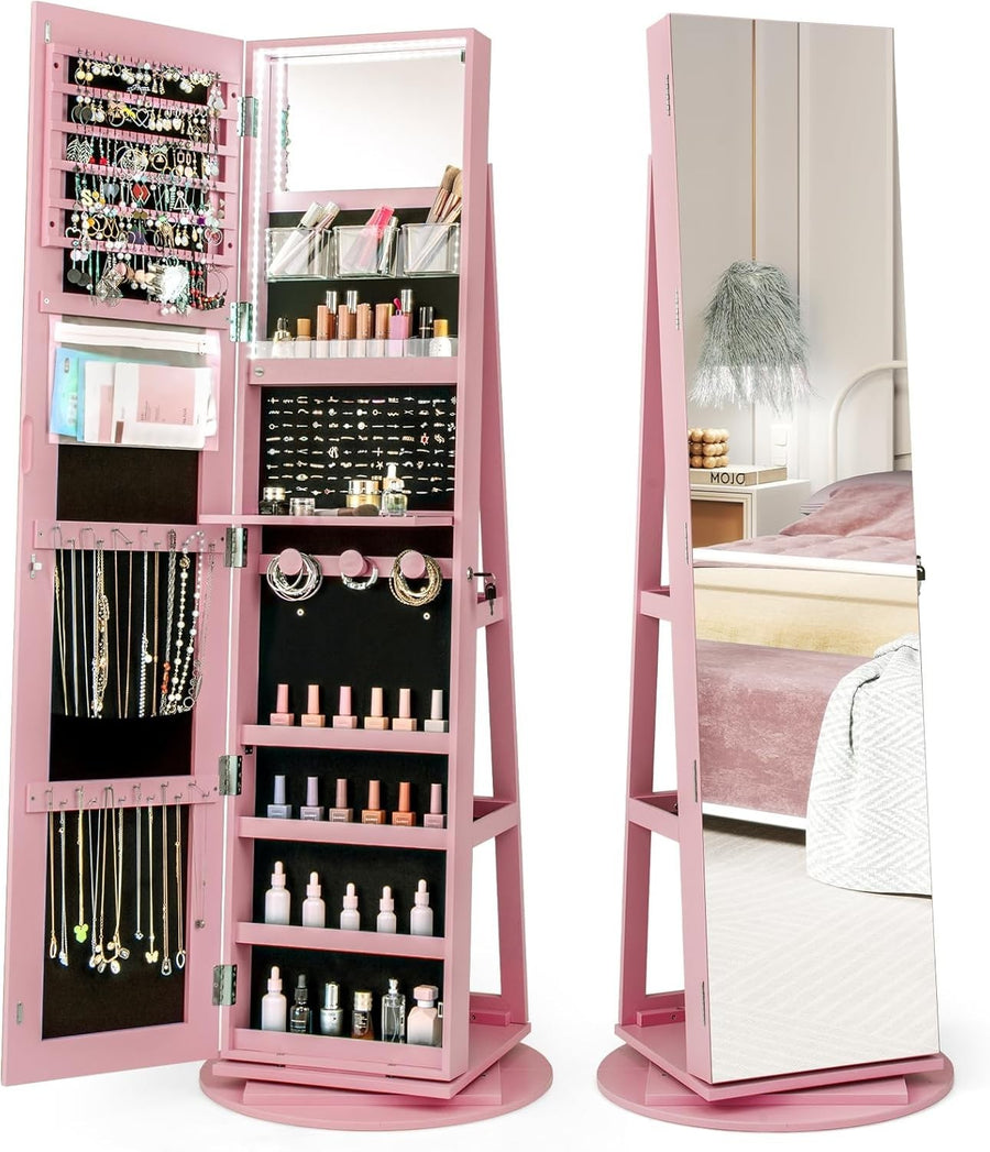 Pink 360° Swivel Jewelry Armoire LED Lighted Mirror Lockable Cabinet