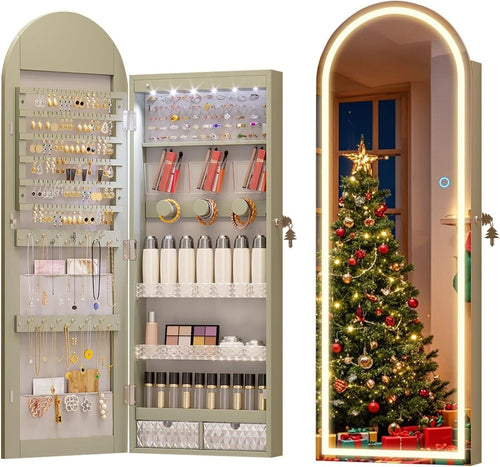 LED Arched Jewelry Armoire Wall or Door Mounted Lockable Mirror Green