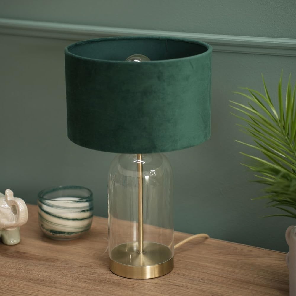 Gold Glass Table Lamp Green Velvet Shade Bedside Desk Lamp Bulb Included