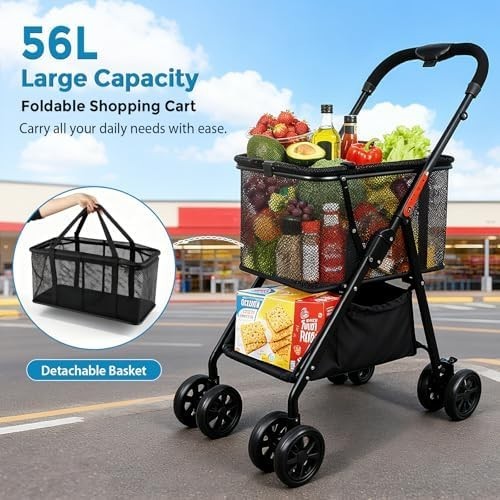2-Tier Folding Shopping Trolley with 360° Wheels & Removable Bag – Black