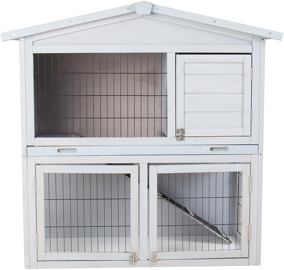 2 Tier Wooden Rabbit Hutch with Run Ramp Secure Locks Outdoor Pet House