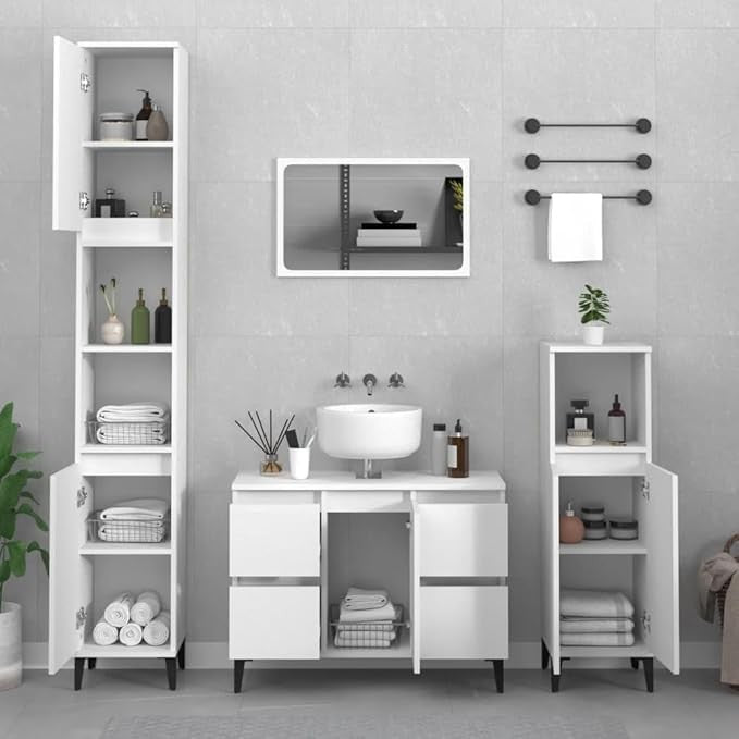 White Under Sink Bathroom Cabinet 80cm Modern Vanity Unit with Drawers & Door
