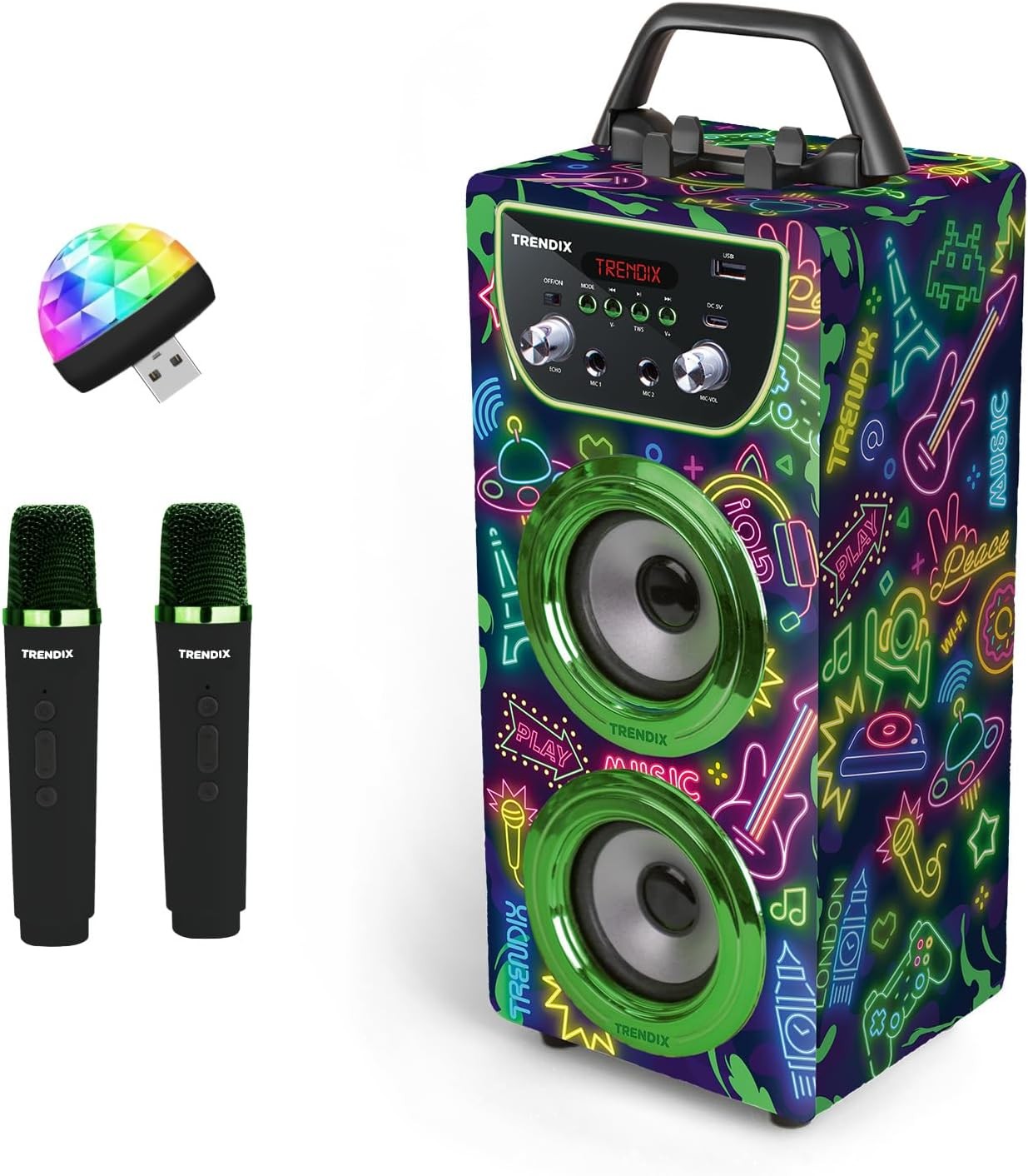 Neon Kids Karaoke Machine 2 Wireless Mics Green Bluetooth FM
