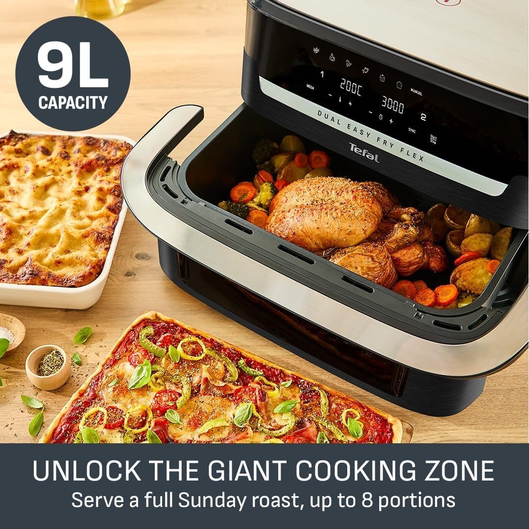 9L Dual Zone Air Fryer FlexCook Divider Extra Large Oven 7 Presets Energy Saving