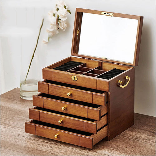Large Wooden Jewelry Box with Mirror Lock Multi Layer Organizer for Women