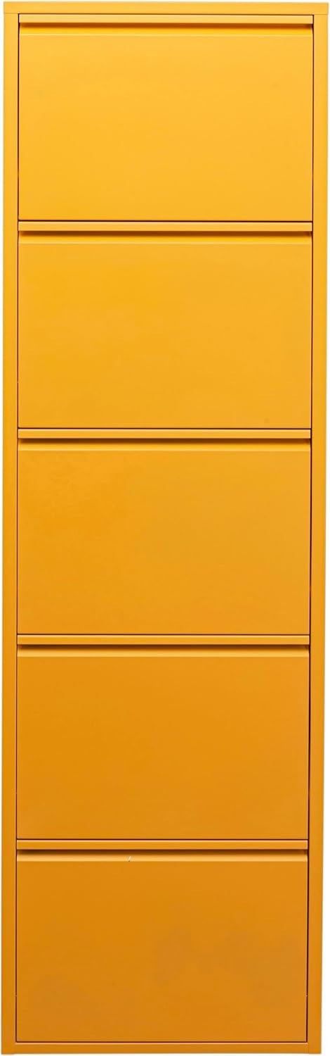 Slim 5-Drawer Shoe Cabinet Yellow– Space-Saving Metal Tilt Rack 170x50x15cm
